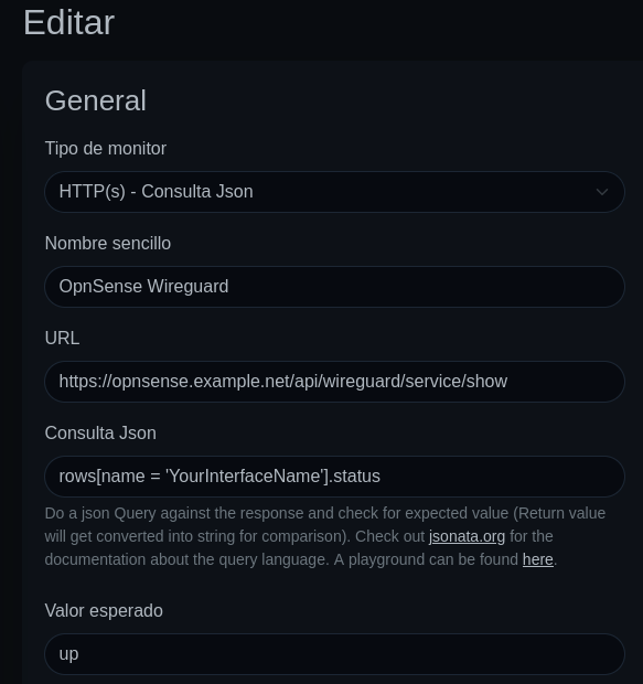 Uptime Kuma JSON monitor for WireGuard